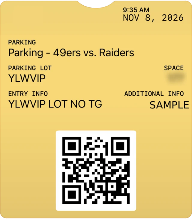 A sample parking pass in a phone wallet. It shows the lot code YLWVIP, the note NO TG, a 9:35 AM lot opening and a QR code